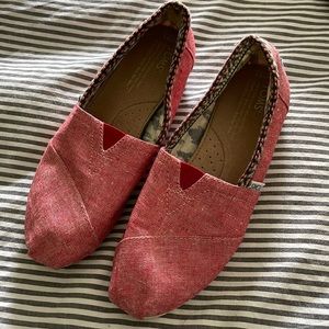 Toms red canvas loafers, size 6.5.